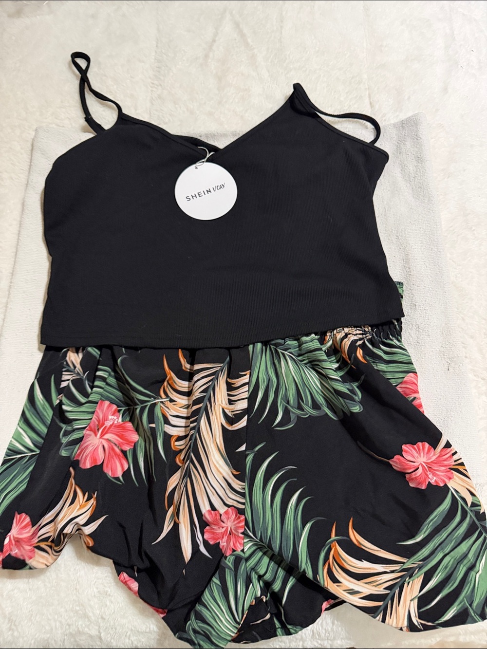 SHEIN Black Tropical Print Cami top with shorts